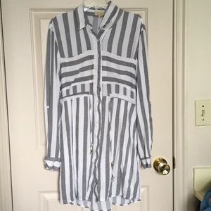 Vertical white and gray striped long sleeve dress